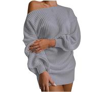 Off Shoulder Jumpers for Women UK Cable Knitted Lantern Sleeve Cold Shoulder Sweaters Dress Solid Color Pullover Sweater Elegant Long Jumpers for Women to wear with Leggings Ladies Knitwear Gray