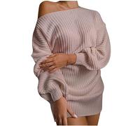 Off Shoulder Jumpers for Women UK Cable Knitted Lantern Sleeve Cold Shoulder Sweaters Dress Solid Color Pullover Sweater Elegant Long Jumpers for Women to wear with Leggings Ladies Knitwear Pink