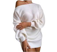 Off Shoulder Jumpers for Women UK Cable Knitted Lantern Sleeve Cold Shoulder Sweaters Dress Solid Color Pullover Sweater Elegant Long Jumpers for Women to wear with Leggings Ladies Knitwear White
