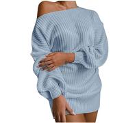 Off Shoulder Jumpers for Women UK Cable Knitted Lantern Sleeve Cold Shoulder Sweaters Dress Solid Color Pullover Sweater Elegant Long Jumpers for Women to wear with Leggings Ladies Knitwear Sky Blue