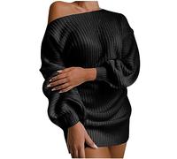 Off Shoulder Jumpers for Women UK Cable Knitted Lantern Sleeve Cold Shoulder Sweaters Dress Solid Color Pullover Sweater Elegant Long Jumpers for Women to wear with Leggings Ladies Knitwear Black