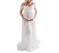 Off Shoulder Maternity Dress for Women Elegant Pregnant Dress Sexy Photography Props Gown Maxi Trailing Dresses Long Ruffles Lace Dress for Photo Shoot Wedding Evening Party Sexy Dress White