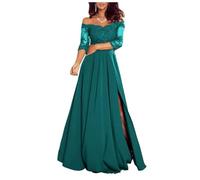 Off Shoulder Petite Prom Dress for Teens Long Formal Dress with Slit Chiffon Lace Appliques Gala Dress Teal Green Size UK4/EU32