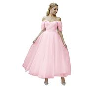 Off Shoulder Petite Prom Dress Tulle Midi Formal Dress with Beaded A Line Homecoming Dress for Teens Pink Size UK4/EU32