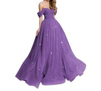 Off Shoulder Prom Dresses Long Ball Gown Glitter Tulle A-Line Formal Evening Party Dress YIAX186 Purple UK12
