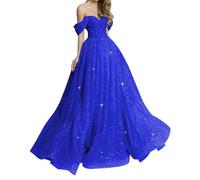 Off Shoulder Prom Dresses Long Ball Gown Glitter Tulle A-Line Formal Evening Party Dress YIAX186 Royal Blue UK8