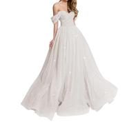 Off Shoulder Prom Dresses Long Ball Gown Glitter Tulle A-Line Formal Evening Party Dress YIAX186 White UK10