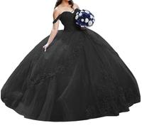 Off Shoulder Quinceanera Dresses 3D Flower Puffy Ball Gowns for Teens Sweet 16 Lace Prom Dress for Women Black UK14
