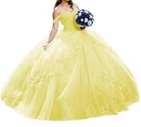 Off Shoulder Quinceanera Dresses 3D Flower Puffy Ball Gowns for Teens Sweet 16 Lace Prom Dress for Women Yellow UK20