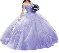 Off Shoulder Quinceanera Dresses 3D Flower Puffy Ball Gowns for Teens Sweet 16 Lace Prom Dress for Women Lavender UK14