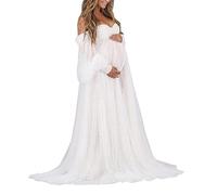 Off Shoulder Regnancy Nightgown Photoshoot Gown Tulle Long Puff Sleeves Maternity Dress for Photoshoot White UK18