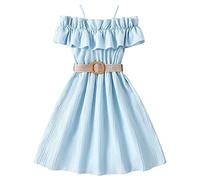 Off-Shoulder Ruffle Sleeves Elegant Strap A-Line Spaghetti Dresses for Kids' Parties - Casual Suspender Midi Dresses, 7-12Y (02-Blue, 10-11 Years)