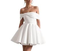 Off Shoulder Satin Homecoming Dresses for Teens Puffy Sleeves Prom Dresses Short Wedding Dress for Bride with Bowknot Ivory 12