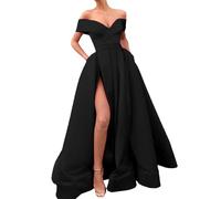 Off Shoulder Satin Prom Dresses Ball Gown Plus Size Formal Dresses for Women Wedding Dress with Slit 2025 Trendy Black