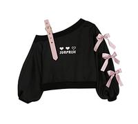 Off Shoulder Sweatshirts Teen Girls Lolita Kawaii Embroidered Heart Graphic Lace Up Crop Top Casual Pullover…, Black, S