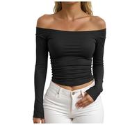 Off Shoulder Tops for Women Sweater Y2k Going Out Tops Women Long Sleeve Off The Shoulder Blouse T Shirt Sexy Cold Basic Bardot Long Sleeve Crop Top Going Out Outfits Party Club Black