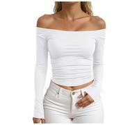 Off Shoulder Tops for Women Sweater Y2k Going Out Tops Women Long Sleeve Off The Shoulder Blouse T Shirt Sexy Cold Basic Bardot Long Sleeve Crop Top Going Out Outfits Party Club White