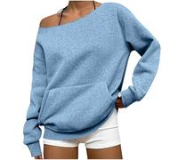 Off Shoulder Tops for Women UK, Long Sleeve, with Kangaroo Pockets, Plain Colour, Cotton, Pull On Sweatshirt, Ladies Cold Shoulder Jumpers, Going Out Outfits, Blue, L
