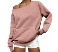 Off Shoulder Tops for Women UK - Long Sleeve, with Kangaroo Pockets, Plain Colour, Cotton, Pull On Sweatshirt, Ladies Cold Shoulder Jumpers, Going Out Outfits, Pink, XXL