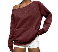Off Shoulder Tops for Women UK - Long Sleeve, with Kangaroo Pockets, Plain Colour, Cotton, Pull On Sweatshirt, Ladies Cold Shoulder Jumpers, Going Out Outfits, Wine, XXL