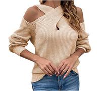 Off Shoulder Womens Jumper Cut Out Long Sleeve Pullover Sweater Halter Neck Casual Loose Elegant Cold Shoulder Knitted Ladies Jumpers Tops UK Khaki
