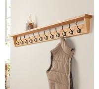 Off The Grain Wooden Coat Rack With Storage Shelf - Solid Oak Hanger - 12 Hooks