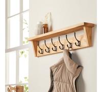 Off The Grain Wooden Coat Rack With Storage Shelf - Solid Oak Hanger - 6 Hooks