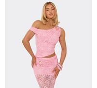 Off The Shoulder Asymmetric Trim Detail Top In Pink Lace, Women's Size UK 6