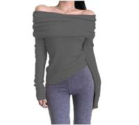 Off The Shoulder Collarbone Long Sleeve Knit Sweater Women Autumn Spring Pullover Top (Grey, One Size)