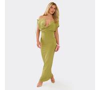 Off The Shoulder Cowl Neck Plunge Front Double Layer Maxi Dress In Green Slinky, Women's Size UK 8