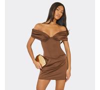 Off The Shoulder Curved Hem Corset Detail Mini Dress In Chocolate Brown Satin, Women's Size UK 8