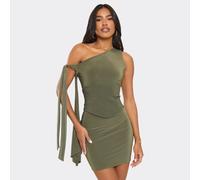 Off The Shoulder Drape Detail Corseted Mini Dress In Khaki Green, Women's Size UK 14