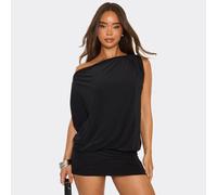 Off The Shoulder Draped Asymmetric Mini Dress In Black Slinky, Women's Size UK 10