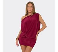 Off The Shoulder Draped Asymmetric Mini Dress In Burgundy Slinky, Women's Size UK 8