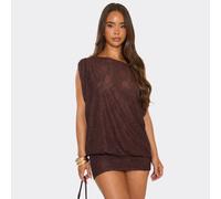 Off The Shoulder Draped Asymmetric Mini Dress In Chocolate Brown Lace, Women's Size UK 6