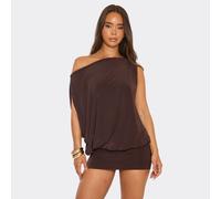 Off The Shoulder Draped Asymmetric Mini Dress In Chocolate Brown, Women's Size UK 16