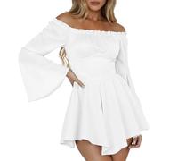 Off The Shoulder Dresses for Women Sexy Flared Sleeve Strapless Smocked Waist Irregular Mini Dress Long Sleeve Short Dress Party Club