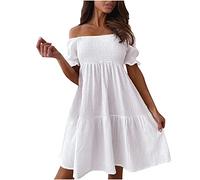 Off The Shoulder Dresses for Women Summer Trendy Smocked Midi Dress Casual Short Sleeve Empire Waist Swing Dresses White