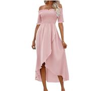 Off The Shoulder Dresses for Women UK Smocked Sexy Cold Shoulder Long Dresses Summer Beach Holiday Casual Flowy Dress Solid Irregular Short Sleeve Loose Dress