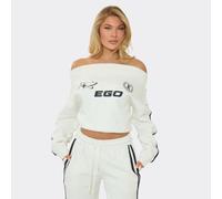 Off The Shoulder Ego Graphic Detail Sweatshirt In Cream, Women's Size UK 10