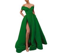 Off-the-Shoulder Evening Dress Silk - Ball Gown Women's Elegant Sexy - Princess Dress Women's Prom Dress - Statin Ball Dresses A Line Evening Dresses Long V Neck Maxi Dress with Slit Glitter, Green,