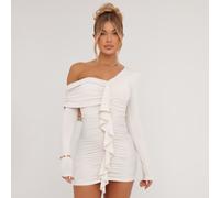 Off The Shoulder Frill Front Mini Bodycon Dress In Cream Slinky, Women's Size UK 10