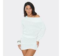 Off The Shoulder Long Sleeve Mini Dress In White Textured., Women's Size UK M