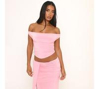 Off The Shoulder Open Back Ruched Top In Pink Slinky, Women's Size UK 6
