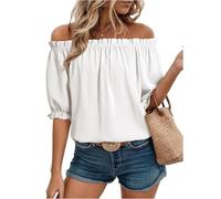 Off The Shoulder Peplum Tops for Women Bardot Blouse Puff Short Sleeve Ruffle Trim Top UK Casual Loose Fit Elegant Going Out Chiffon Cotton Tops Holiday Beachwear White L