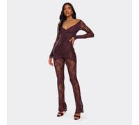 Off The Shoulder Plunge Wrap Detail Jumpsuit In Chocolate Brown Lace, Women's Size UK 6