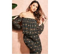 Off The Shoulder Printed Crop Top - Black by City Goddess - Black - 10