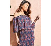 Off The Shoulder Printed Crop Top - Blue by City Goddess - Blue - 16