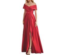 Off The Shoulder Prom Dresses for Women Corset Satin Bridesmaid Dress with Sleeves Side Split Formal Gown Red UK12