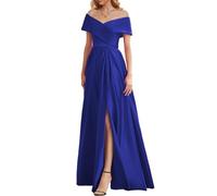 Off The Shoulder Prom Dresses for Women Corset Satin Bridesmaid Dress with Sleeves Side Split Formal Gown Royal Blue UK12